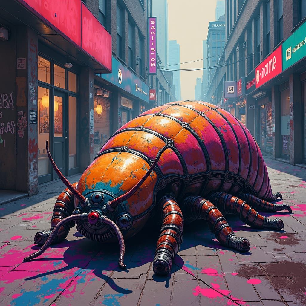 Armored Humanoid Tardigrade in Jewel-Toned Graffiti