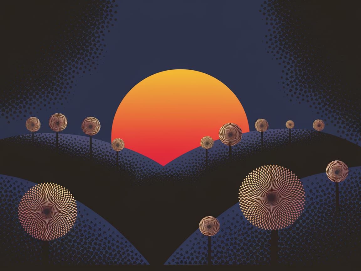 Vivid Sunset Over Rolling Hills With Spherical Flowers