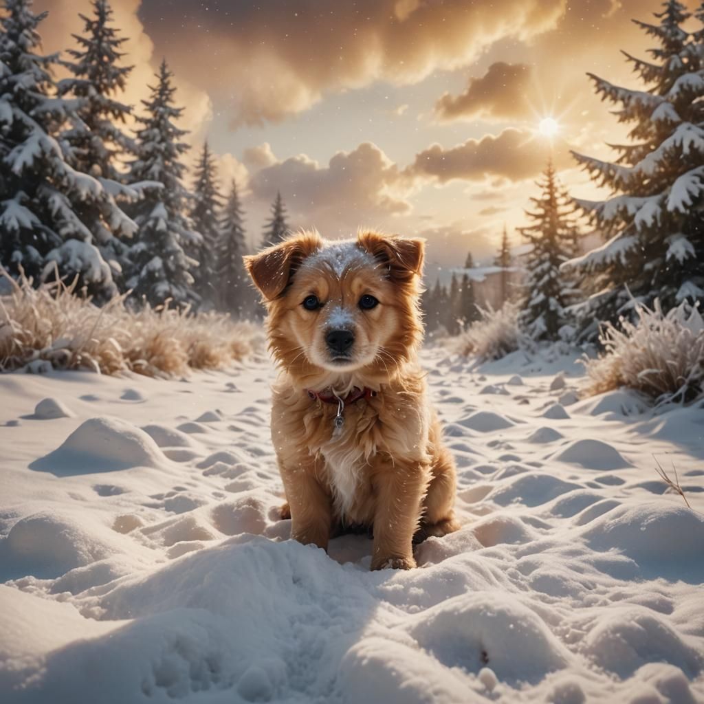 Newborn Puppy in Snow: Cinematic Winter Scene