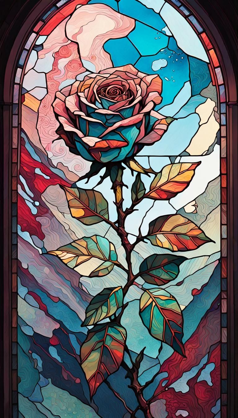 Stained Glass Rose in Gouache Illustration