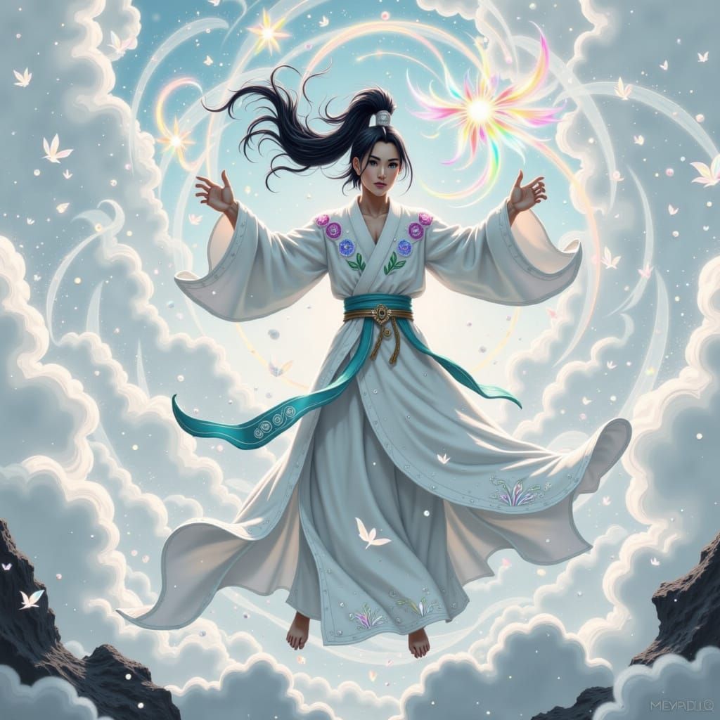 Cultivator in White Robes Amidst Ethereal Clouds