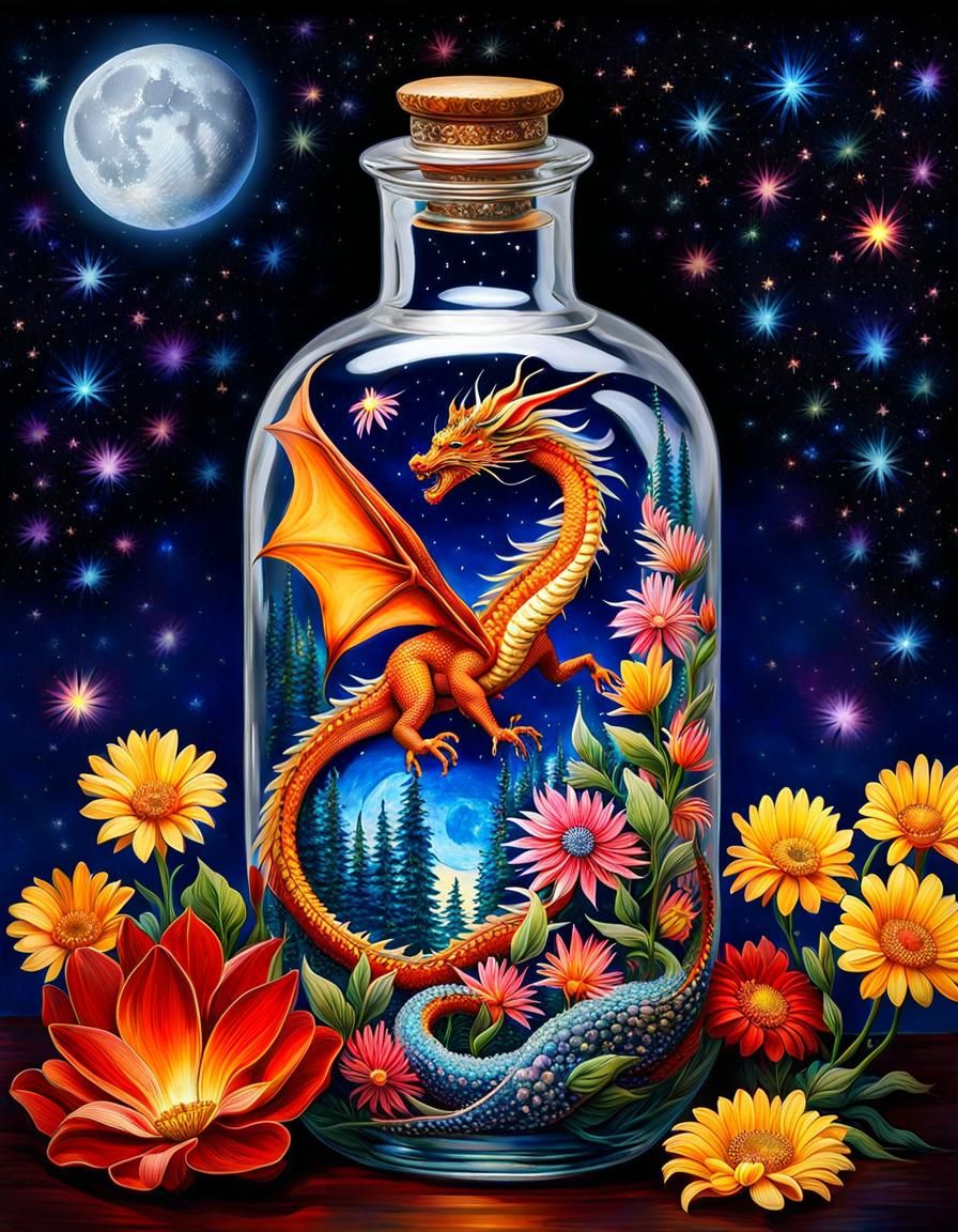 Dragon in a Bottle Under Starry Night