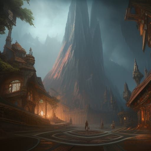 Fantastical Cityscape at Night in Detailed Matte Painting