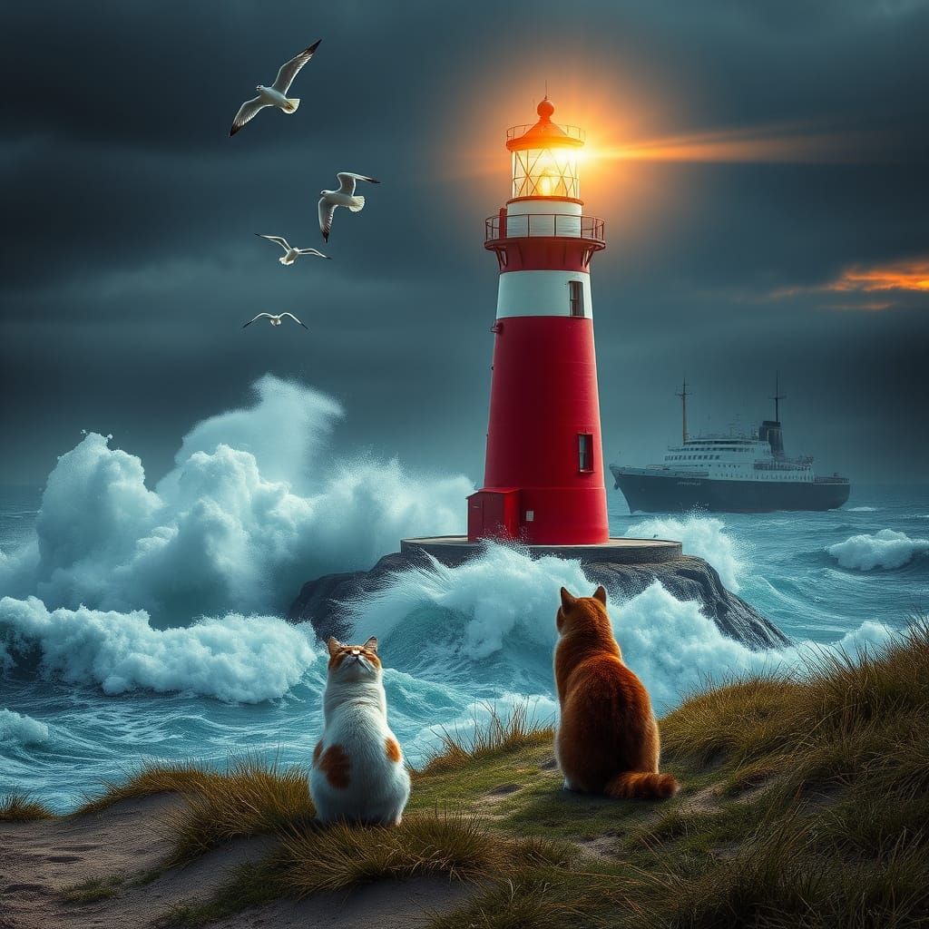 Hyperrealistic Lighthouse at Sunset with Cats