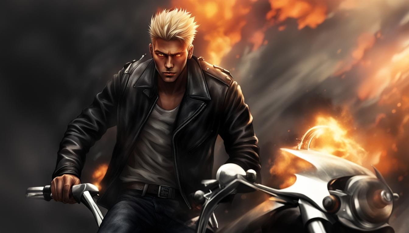Blonde Man with Fiery Eyes in Leather Jacket