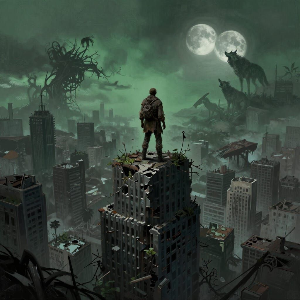 Desolate Overgrown Cityscape in Gritty Concept Art Style