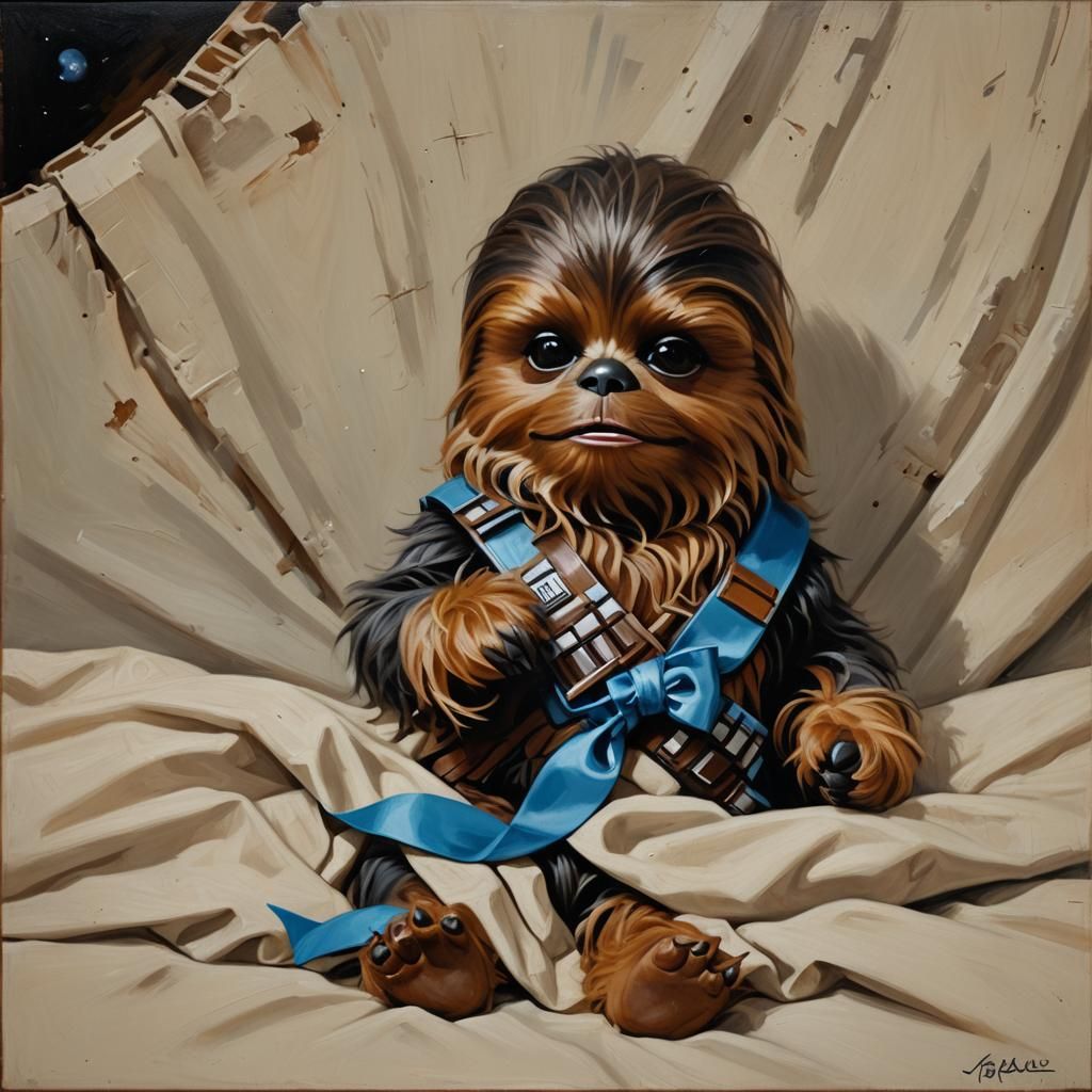 Adorable Baby Chewbacca in Crib, Oil Painting