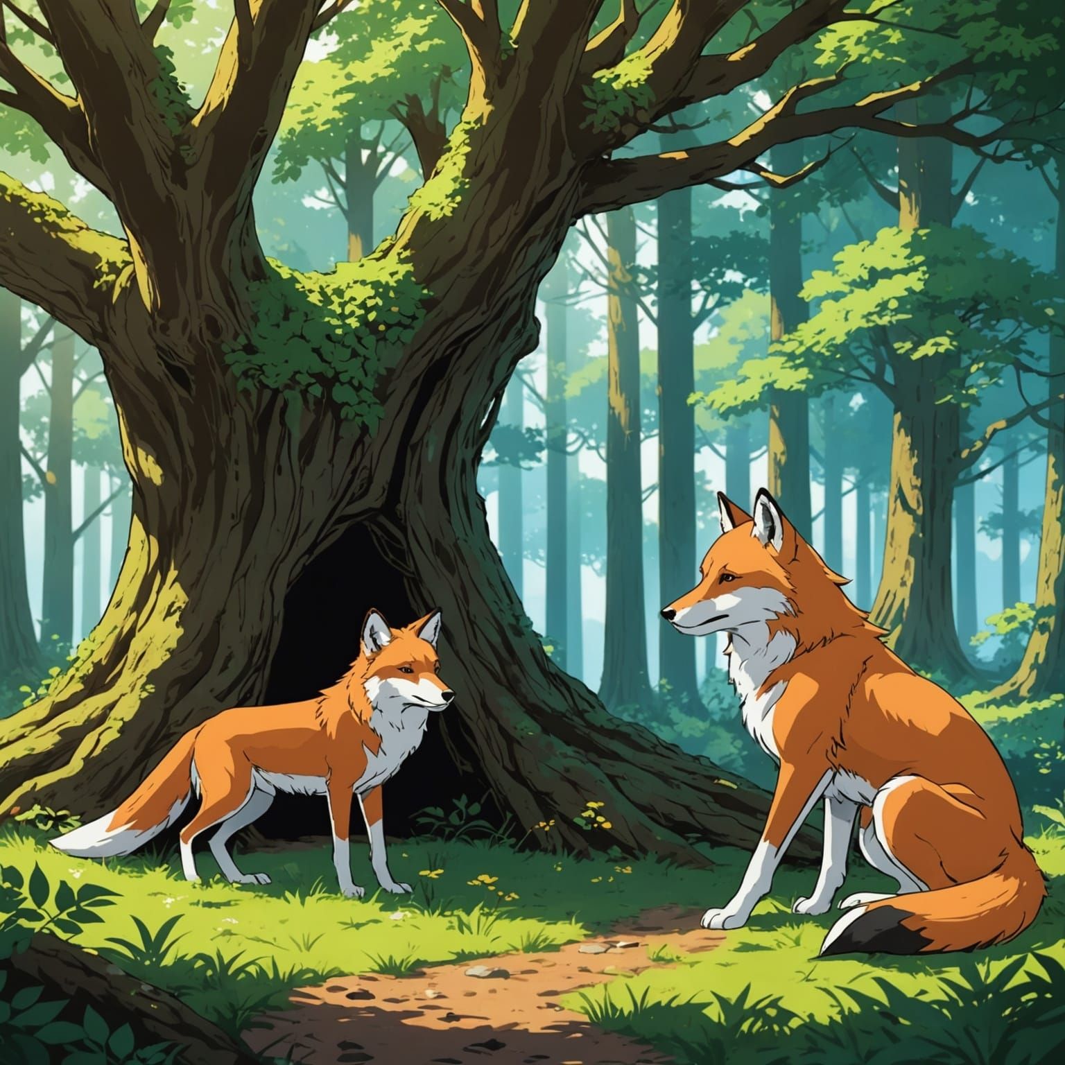 Wolf and Fox in Forest, Anime Style