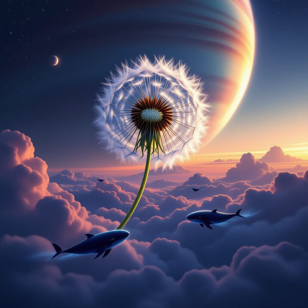 Giant Dandelion Seed Floats Above Gas Giant with Space Whale...