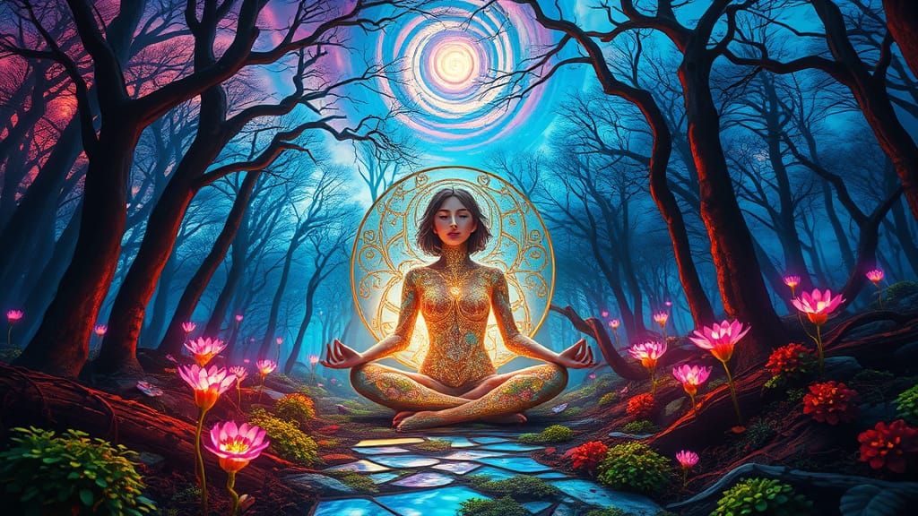 Ethereal Stained Glass Forest with Swirling Nebulae