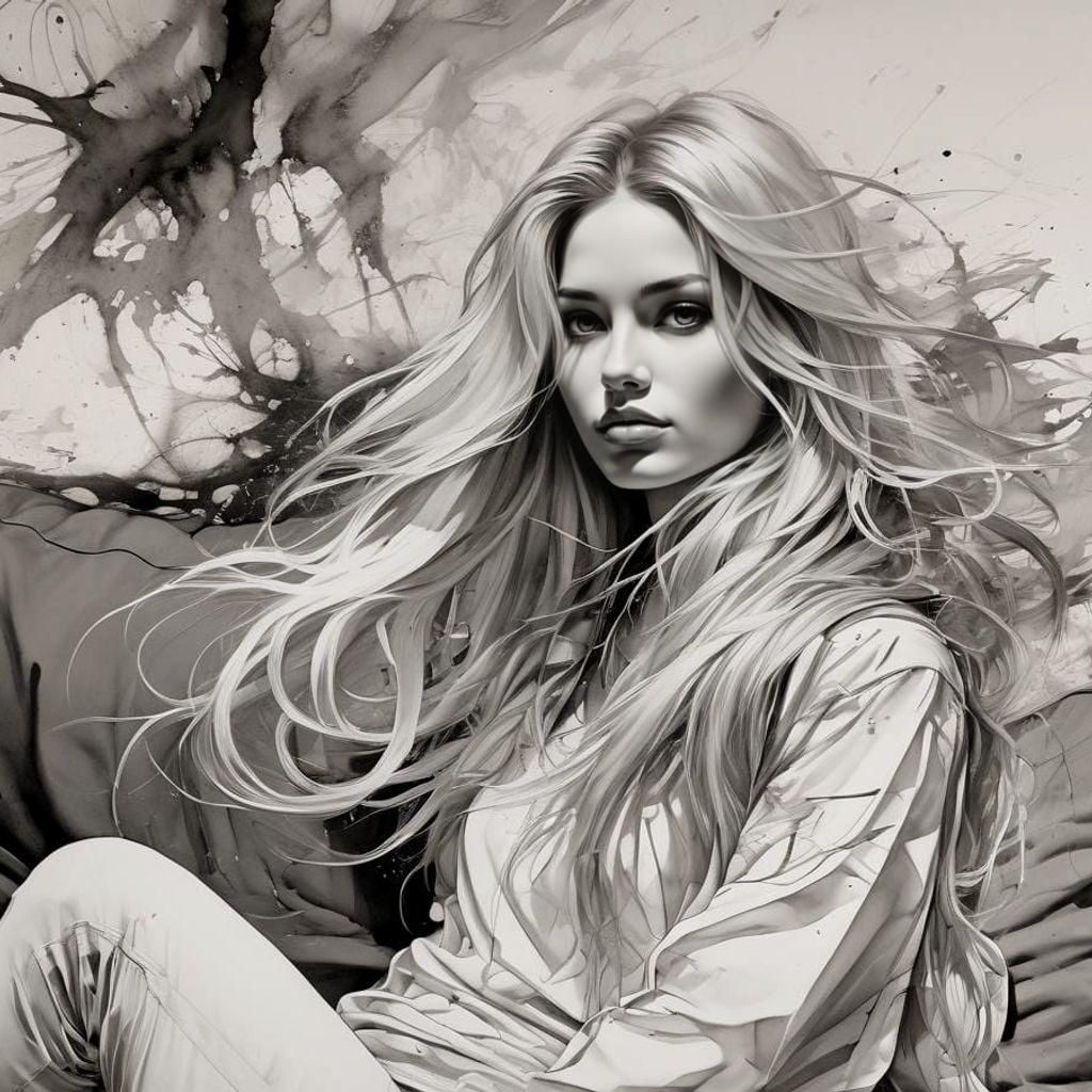 Ink Drawing of Woman on Couch in Modern Style