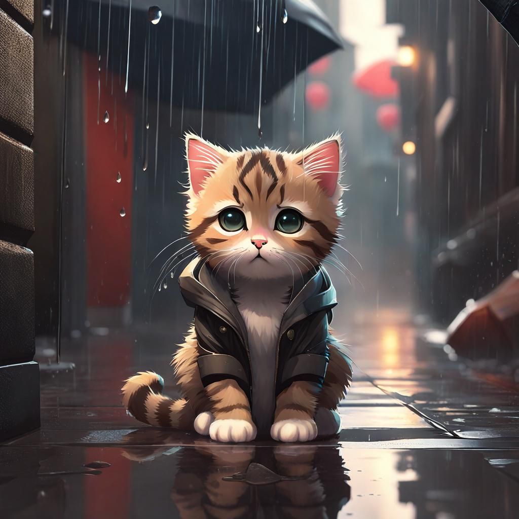 Sad Chibi Cat in Cyberpunk Rainy Alleyway