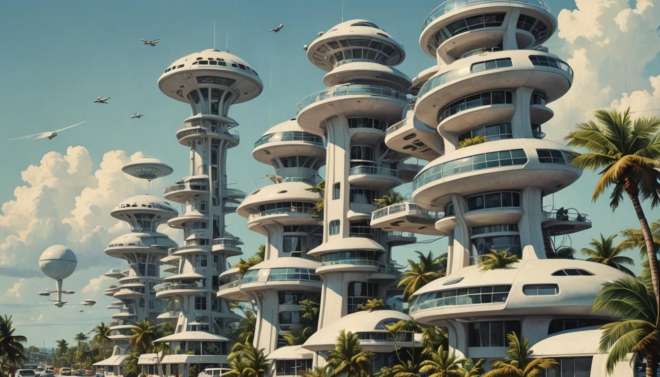 atomic space age, fast flying transports, beautiful tall spa...