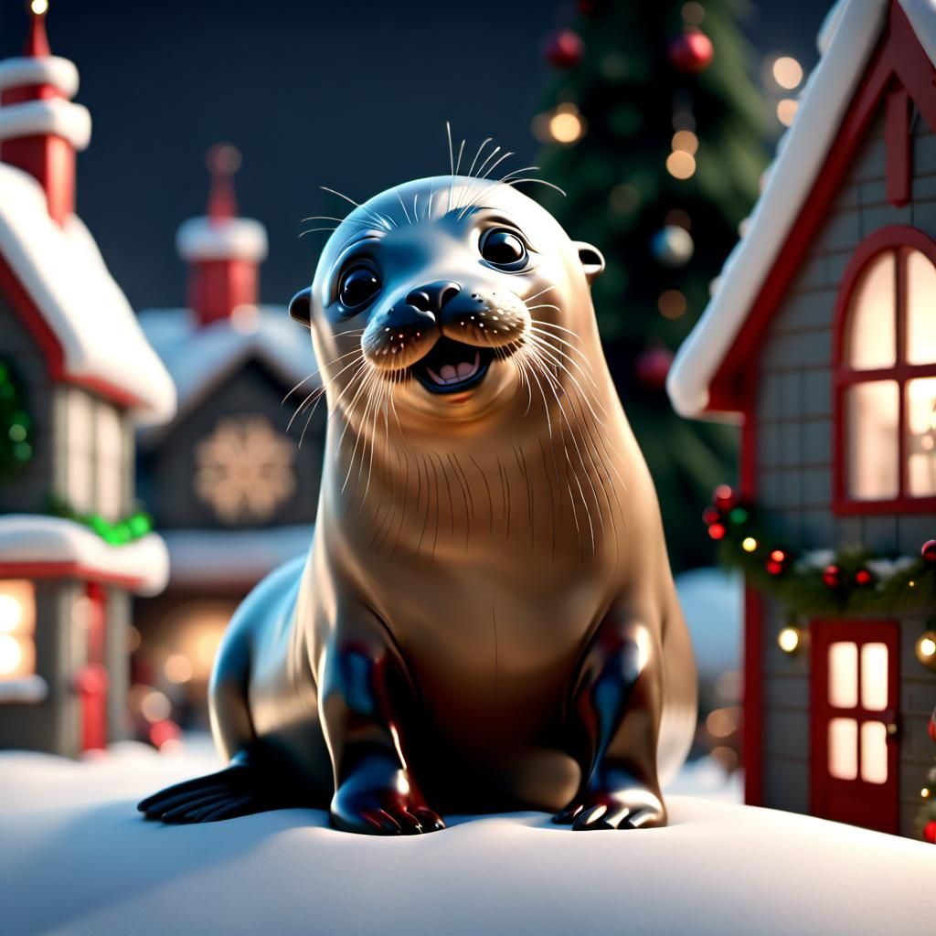 A seal, giggling in a christmas village.