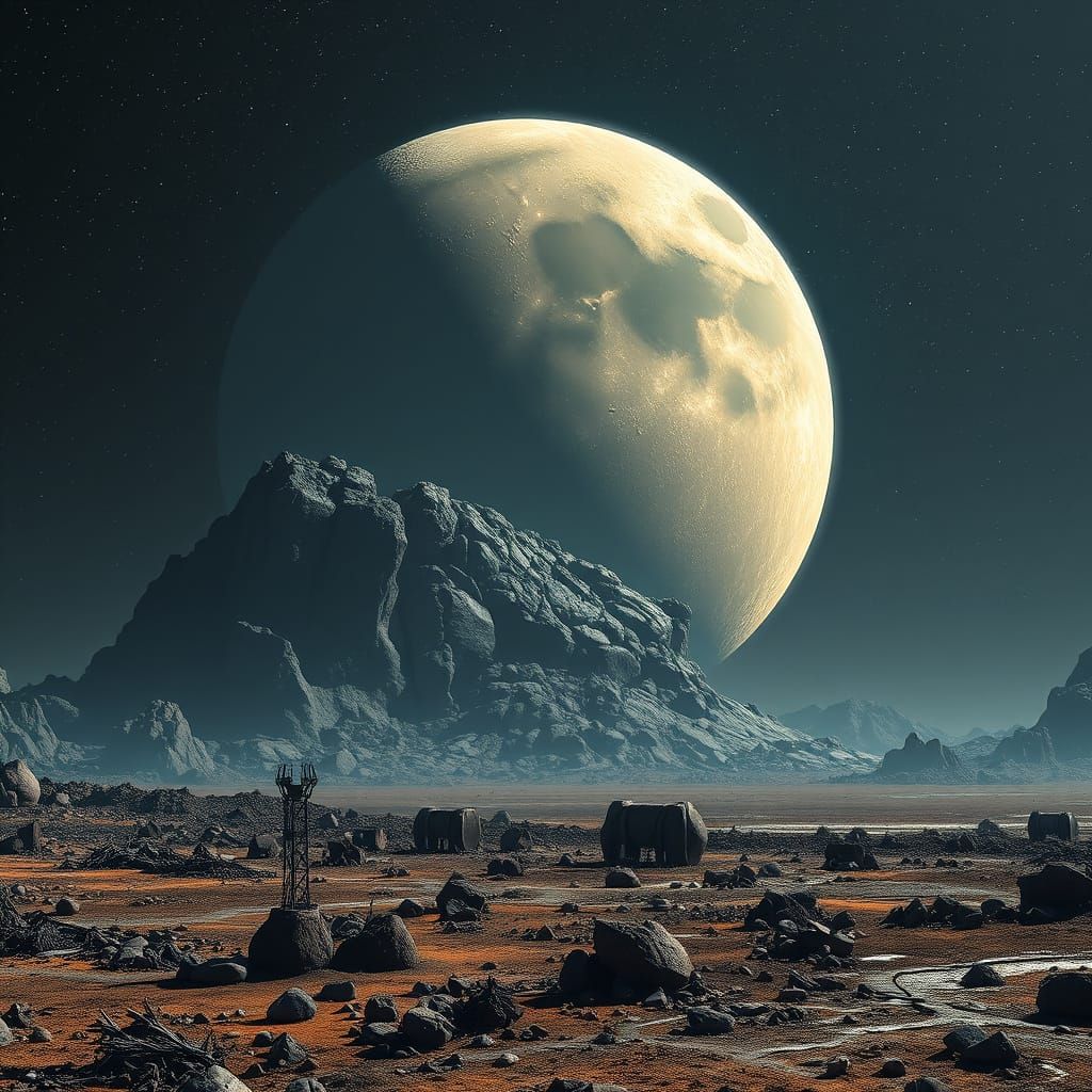 Barren, Airless Rocky Moon in a Haunting, Industrial-Organic...