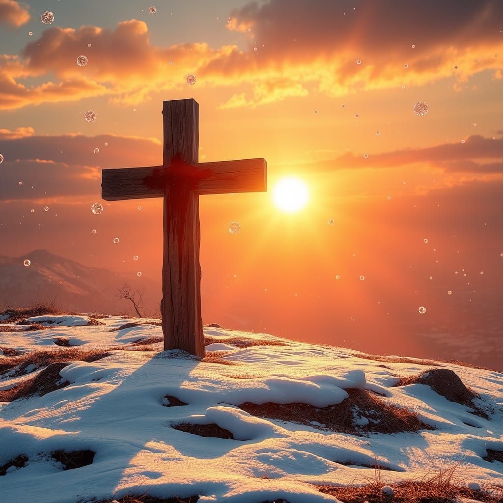 Dramatic Sunrise Over Snowy Hill With Blood-Stained Cross