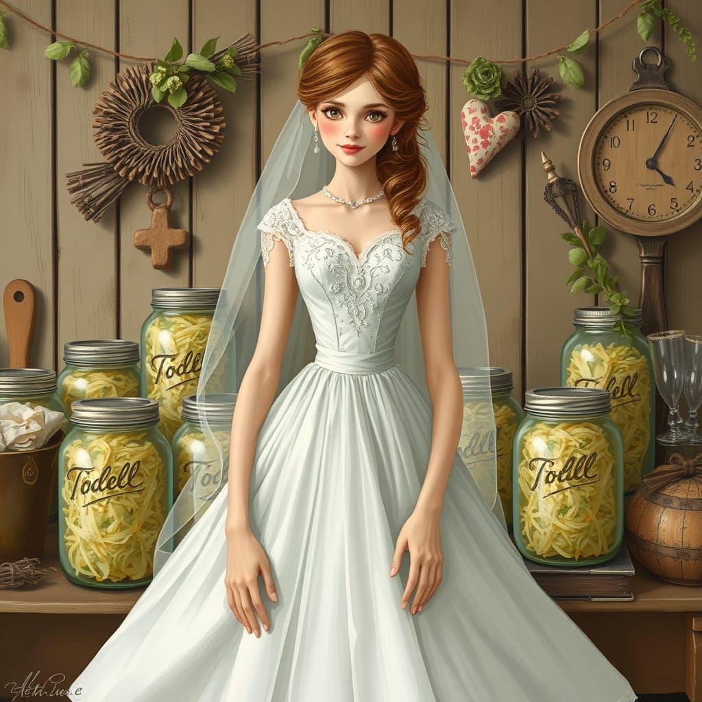 Vintage Bride Surrounded by Coleslaw: A Whimsical Artwork