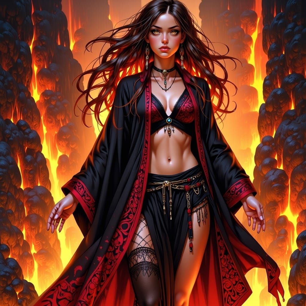 Volcanic Anime Heroine in a Fiery Landscape