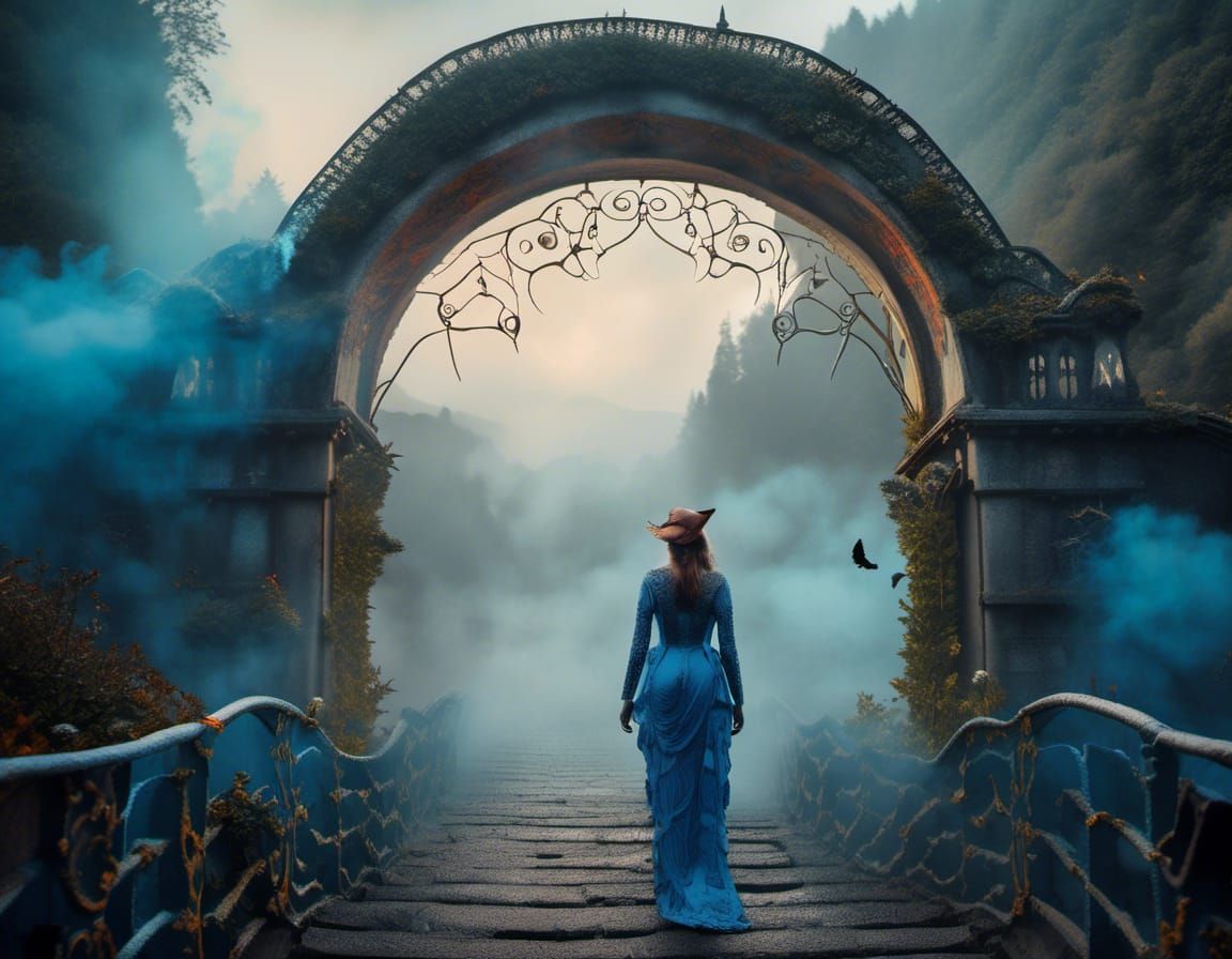 Majestic Arch Bridge with Sorceress in Glitchcore Style