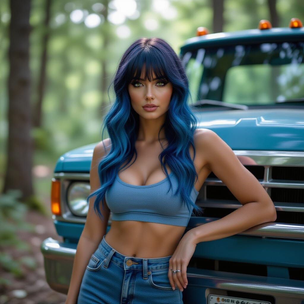 Blue-Haired Woman Leaning on Truck, Cinematic Style