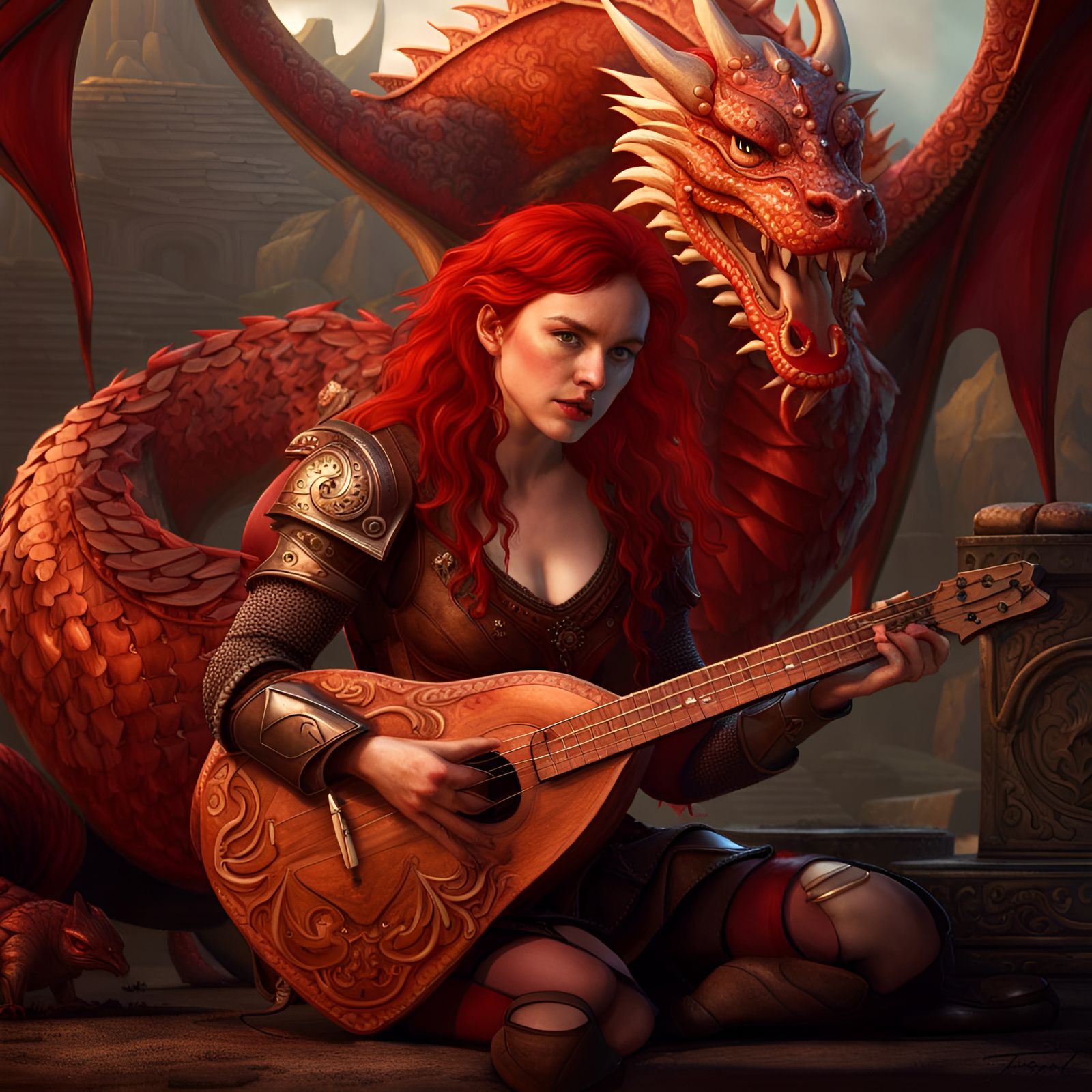 Young red haired female bard holding a ornately carved lute, wearing soft leather armor as she kneels next to a large re...