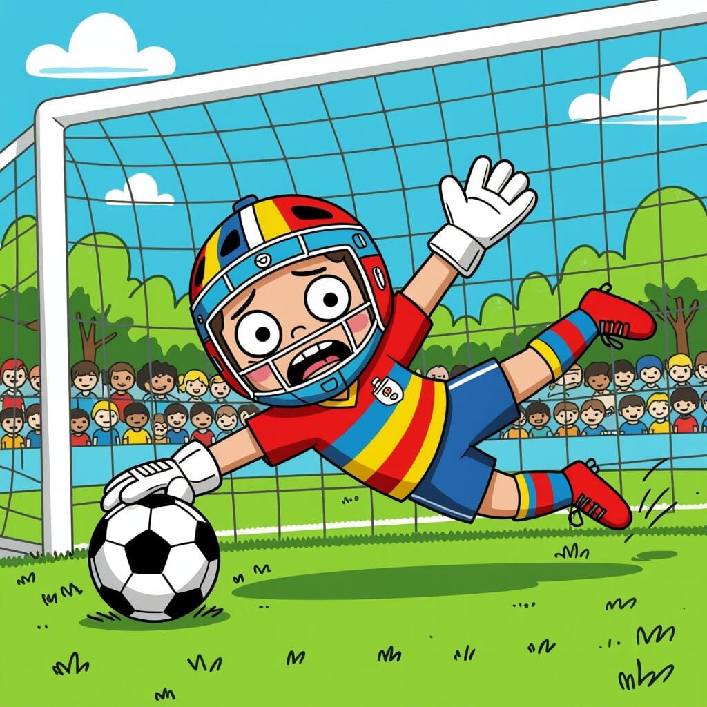 Sad Goalie Misses Ball in Cartoon Adventure Time Style