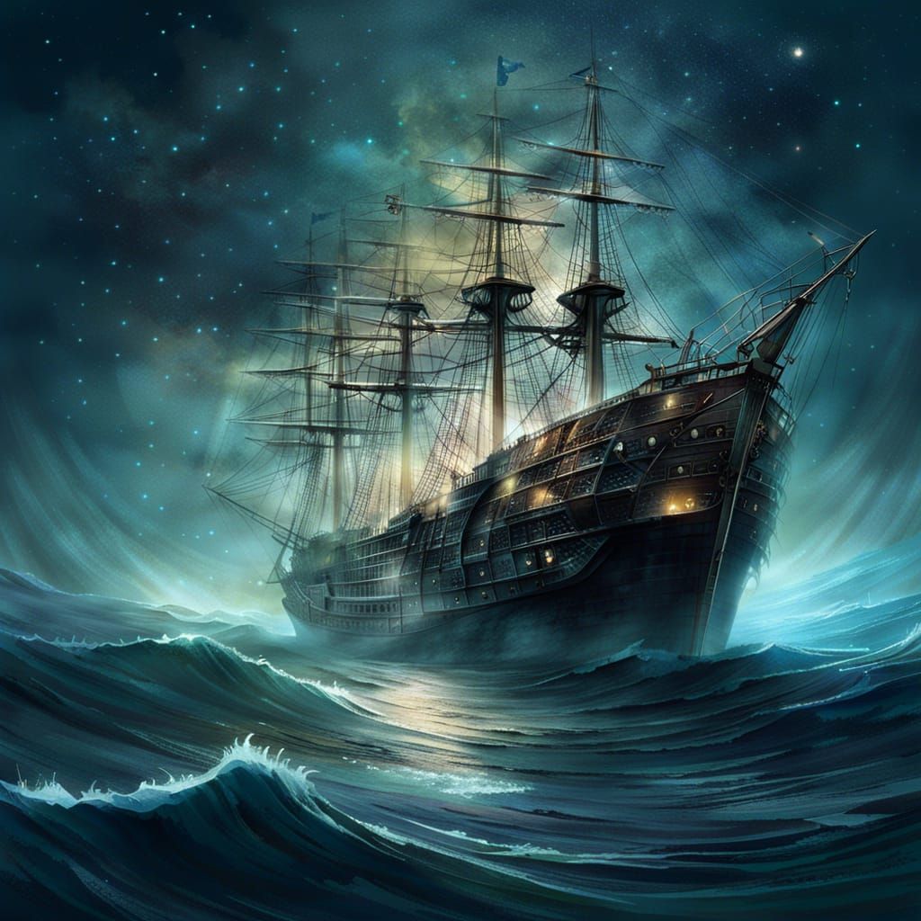 Ethereal Ghost Ship Sails a Mystical Glowing Ocean