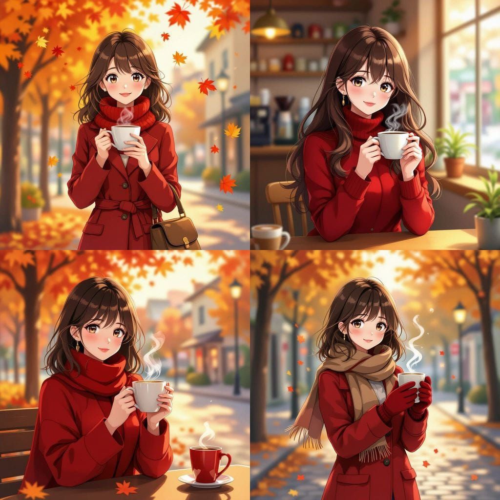 Cute Anime Woman in Red Autumn Outfit with Coffee