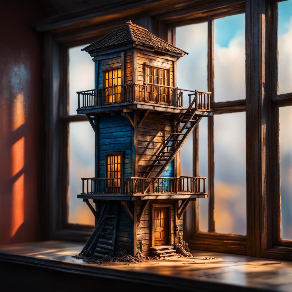 Hyperrealistic Miniature Watch Tower on Window Shelf