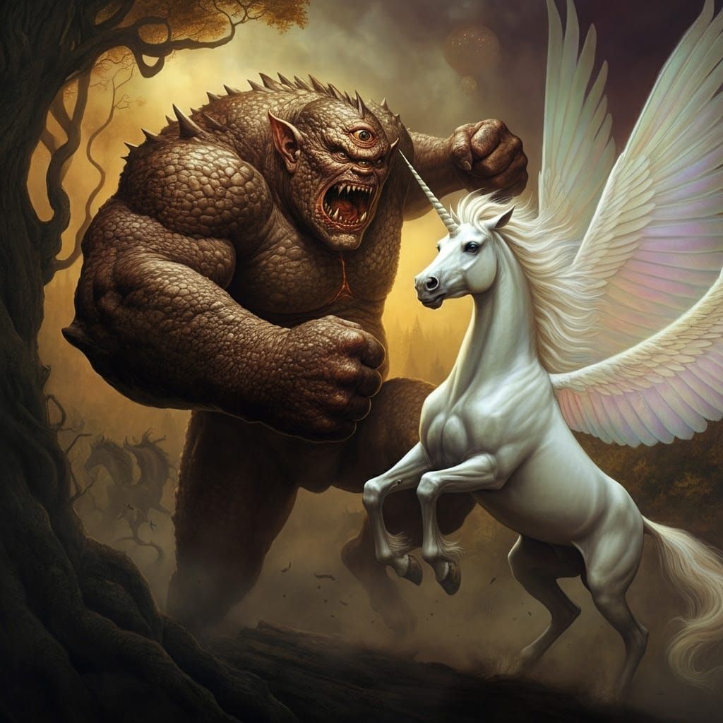 Colossal Cyclops Battles Shimmering Unicorn in Fantastical L...
