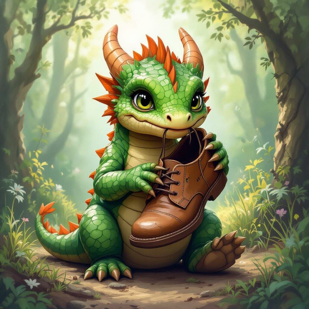 Baby Green Dragon with Shoe, Dreamy Art