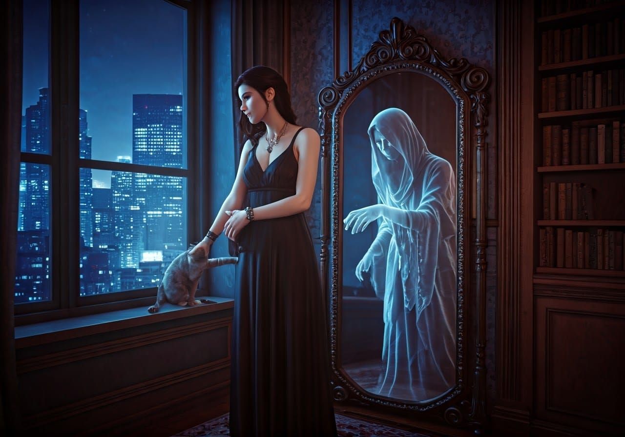Ethereal Ghost Reaching for Cat in Antique Mirror