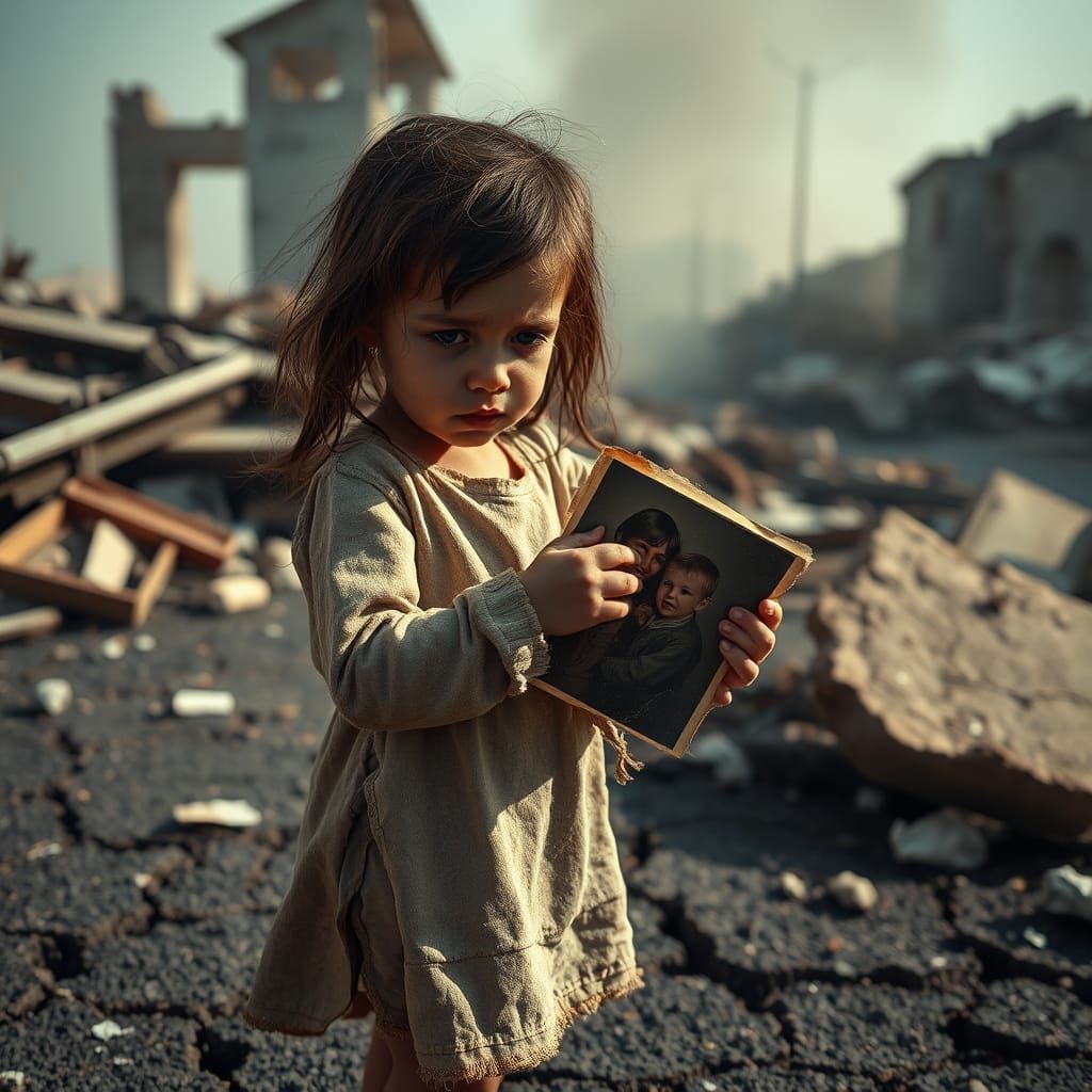 Young Girl Mourns Amidst War's Ruins in Photorealistic Style