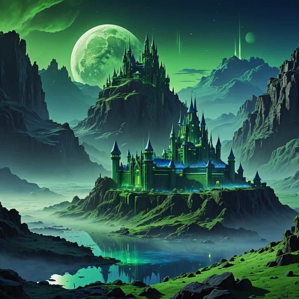 Lunar Castle in Emerald and Cobalt Mist