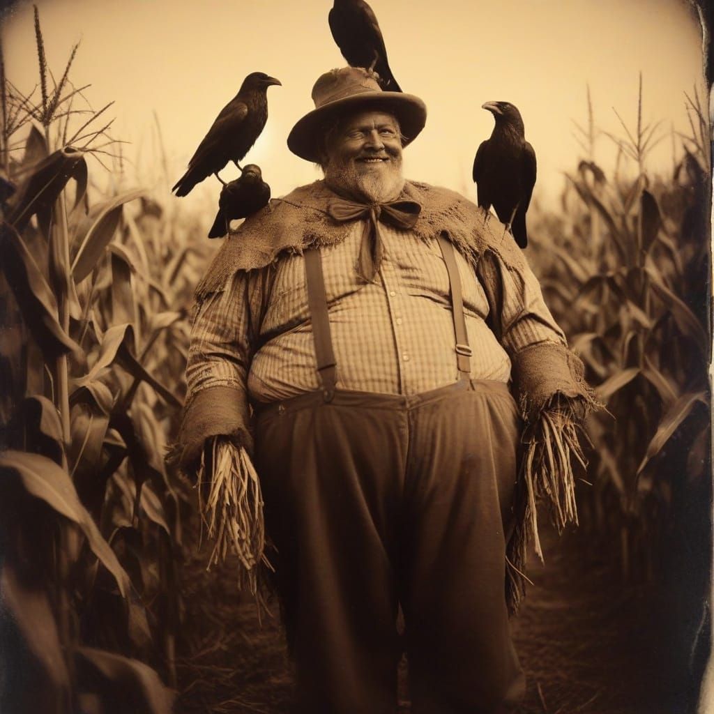 Sepia Tintype of Scarecrow in Cornfield