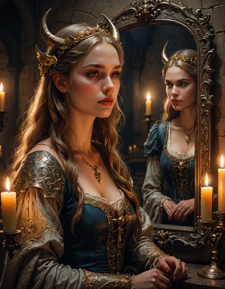 Medieval Maiden Mirror Reflection Reveals Demon