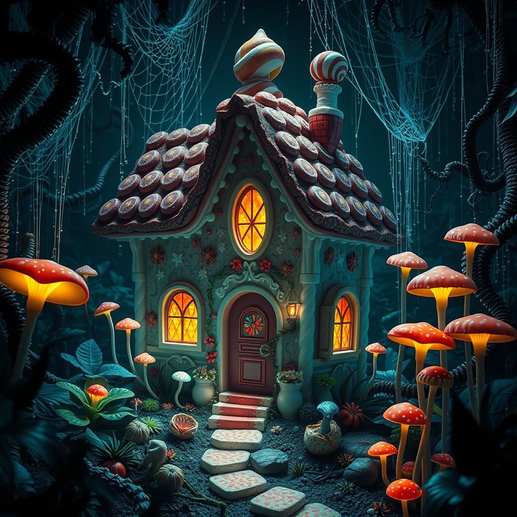 Whimsical Candy Cottage Amidst a Dark Jungle