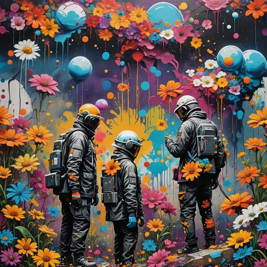 Astronauts tending flowers in a dome on Uranus