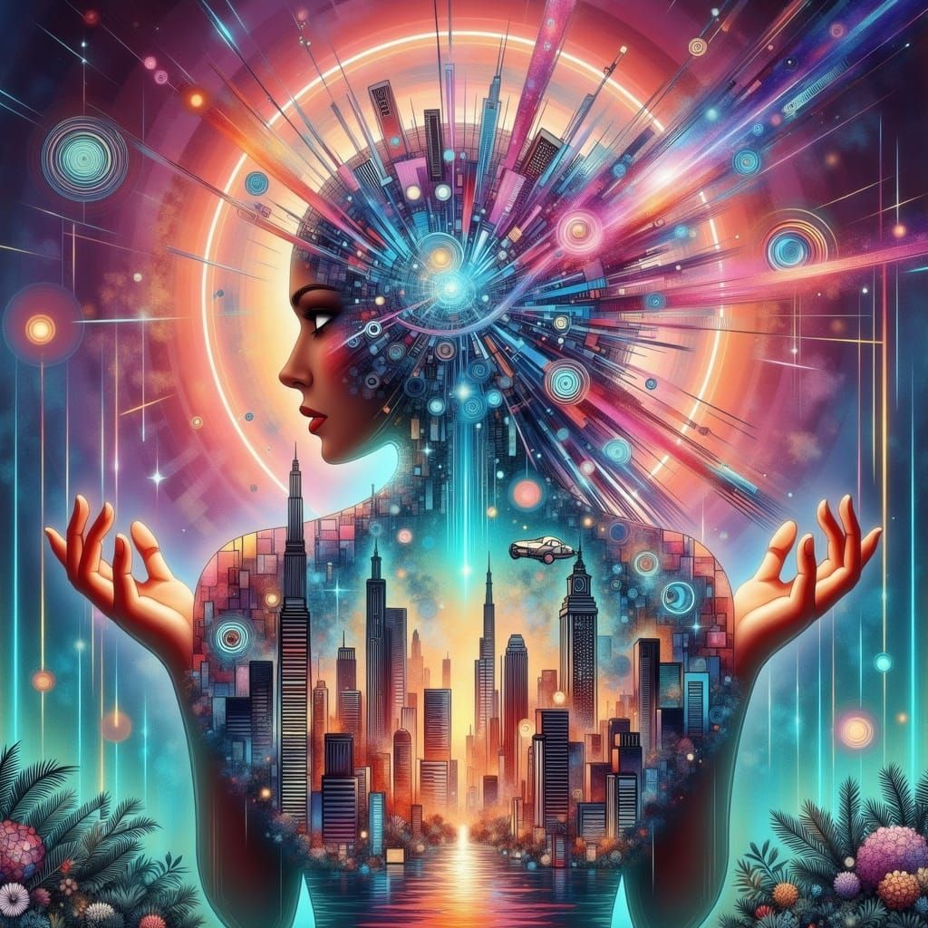 Futuristic Woman in Neon Cityscape in Photorealistic Style