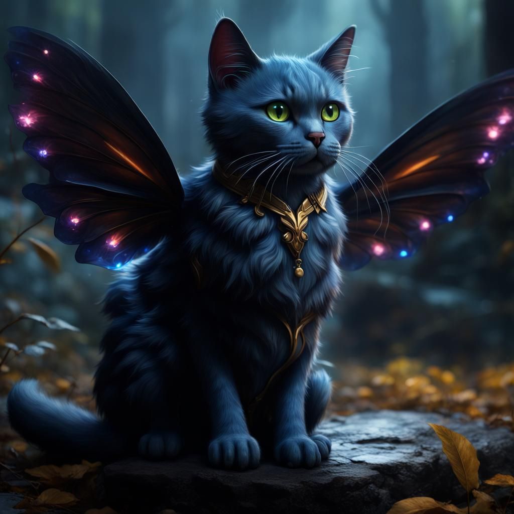 Blue Firefly-Winged Cat: Detailed Fantasy Concept Art