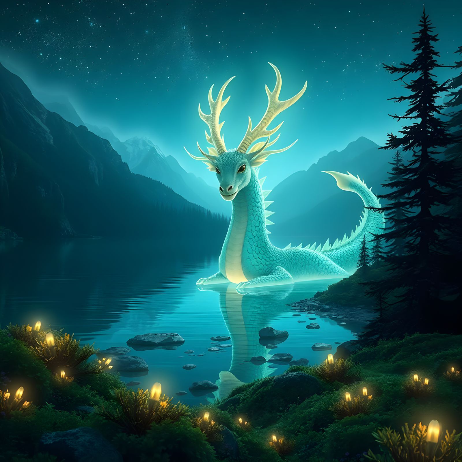 Luminous Stag and Dragon God in Forest Lake