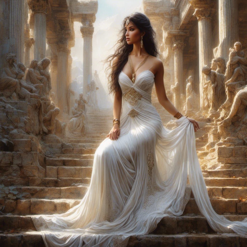 Ethereal Woman in Roman Ruins, Hyperrealistic Illustration