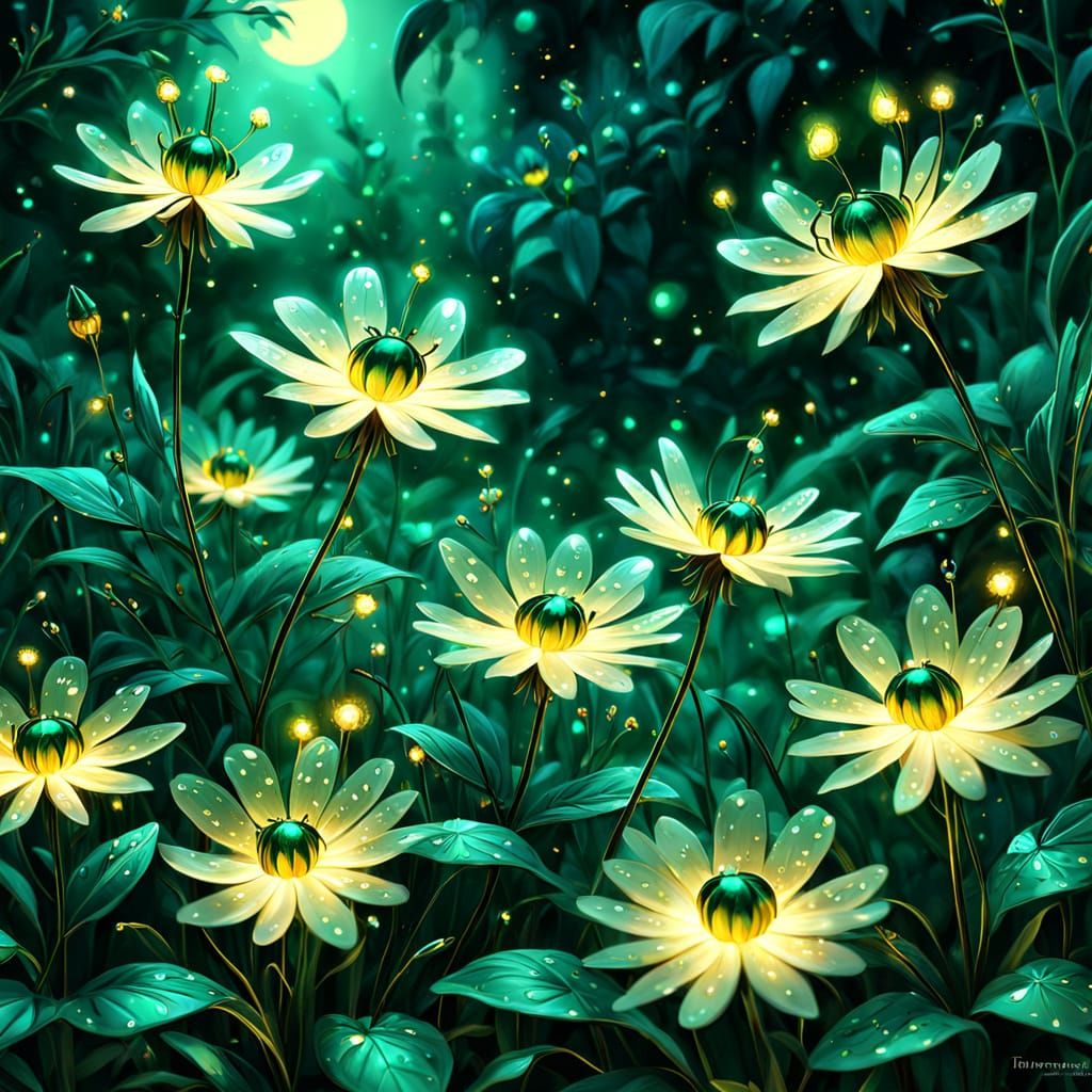 Eerie Surrealist Garden with Fireflies and Golden Light