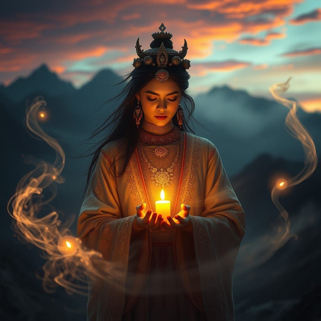 Enchanted Sorceress Weaves Reality Amidst Ancient Peaks