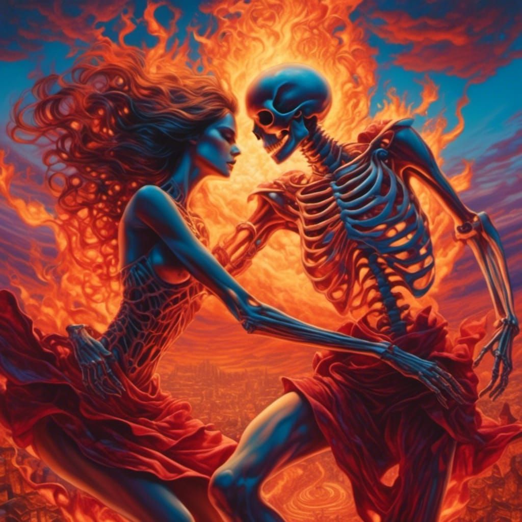 Skeleton Man Dancing with Flaming Woman