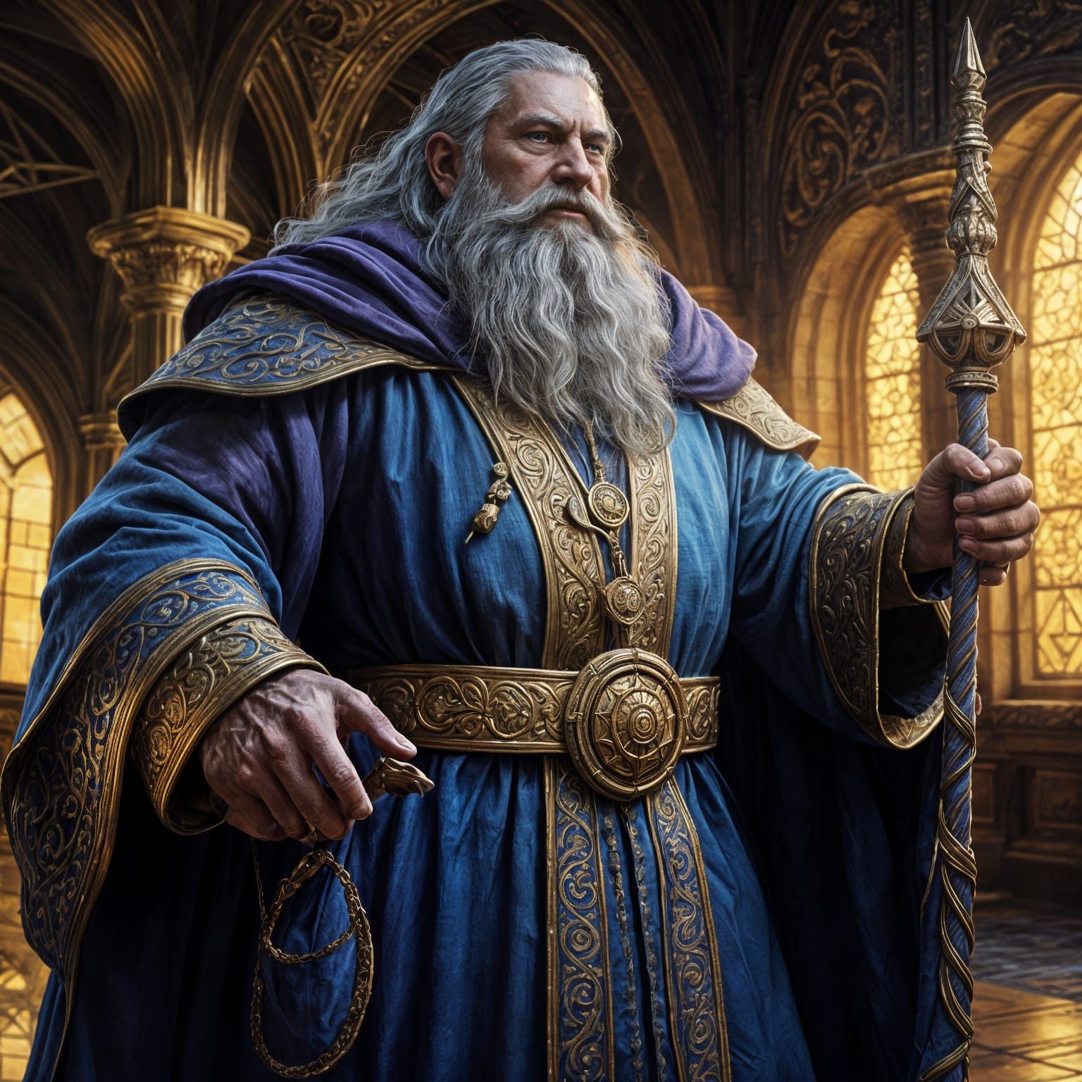 Old Dwarven Wizard in Blue Robe with Golden Ornaments