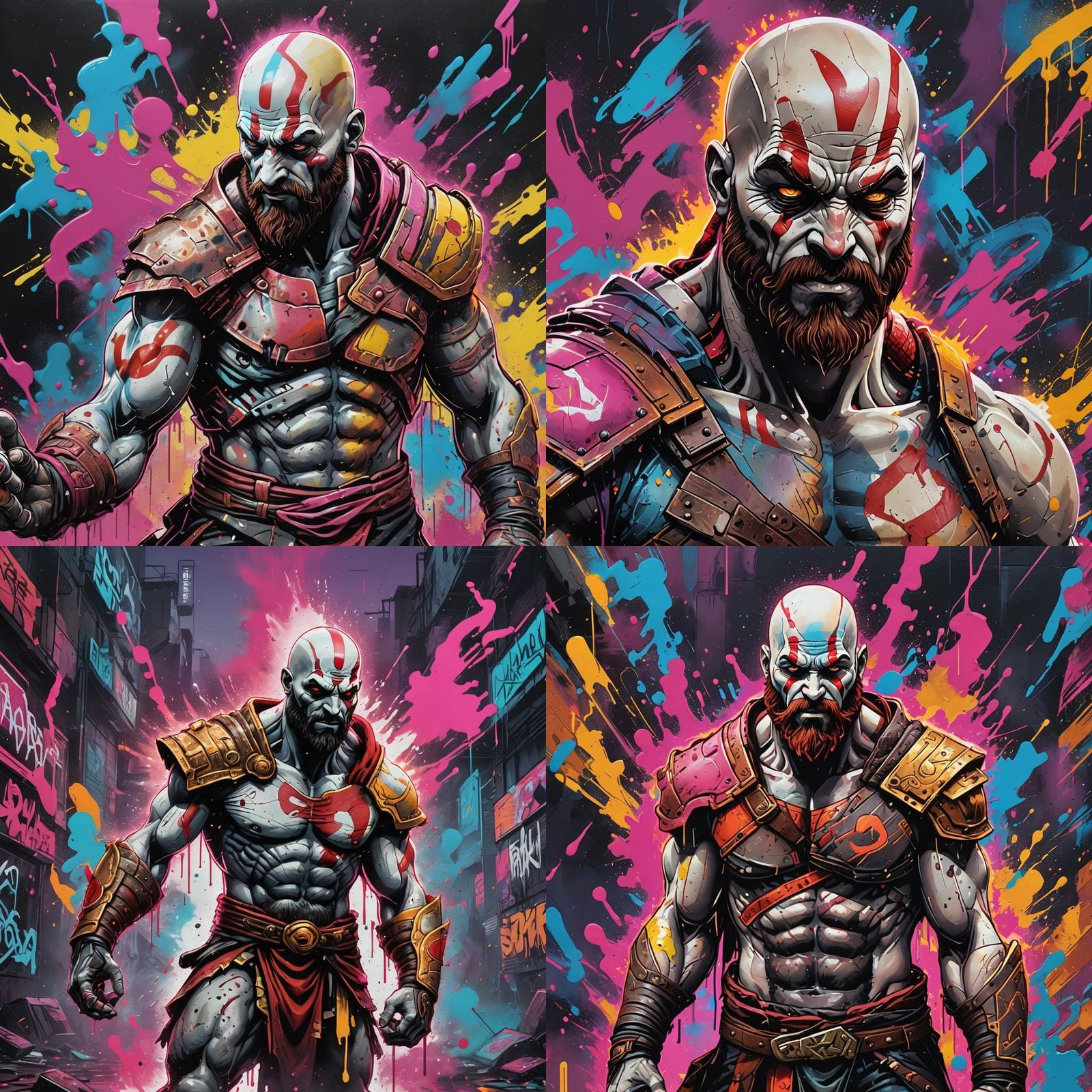 Kratos in Synthwave Neon Graffiti Art