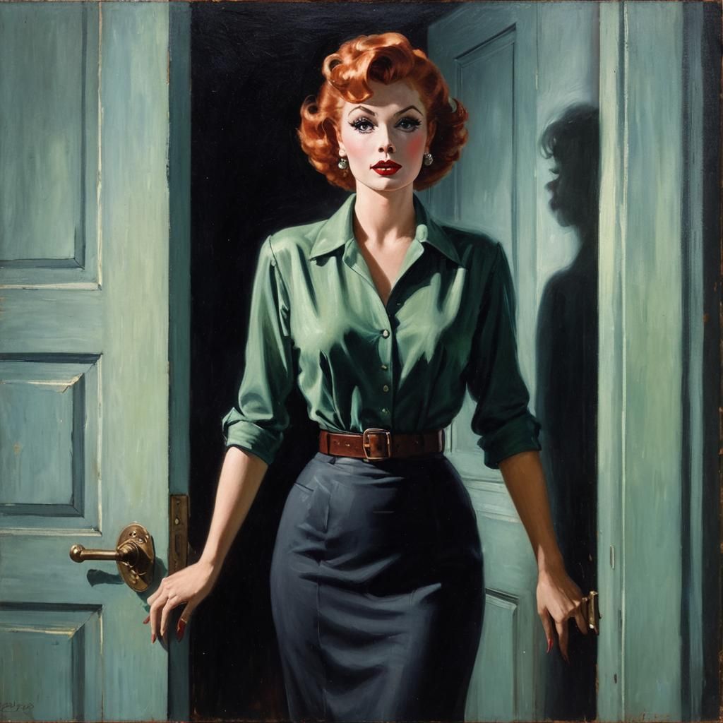 Elegant Woman in Doorway: Gil Elvgren Style Painting