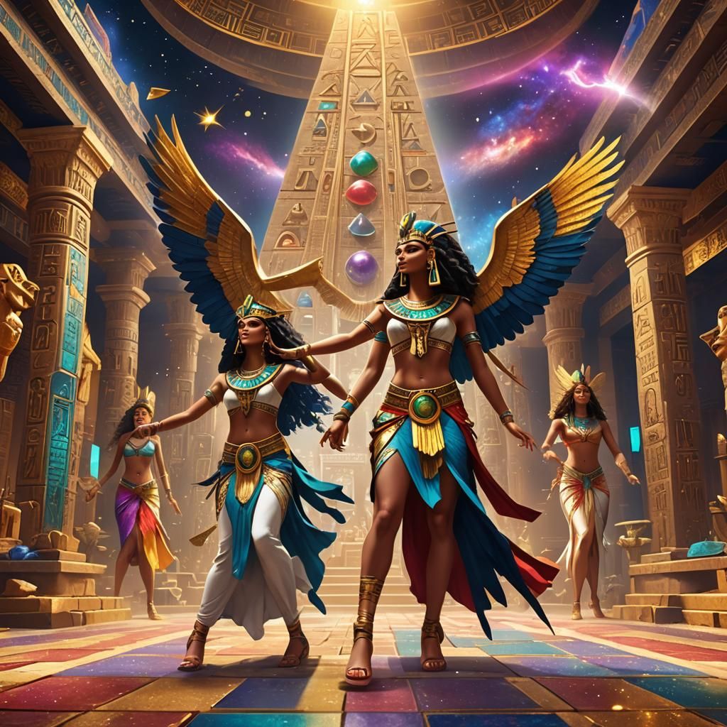 Egyptian Winged Goddesses Dance in Temple, Digital Art