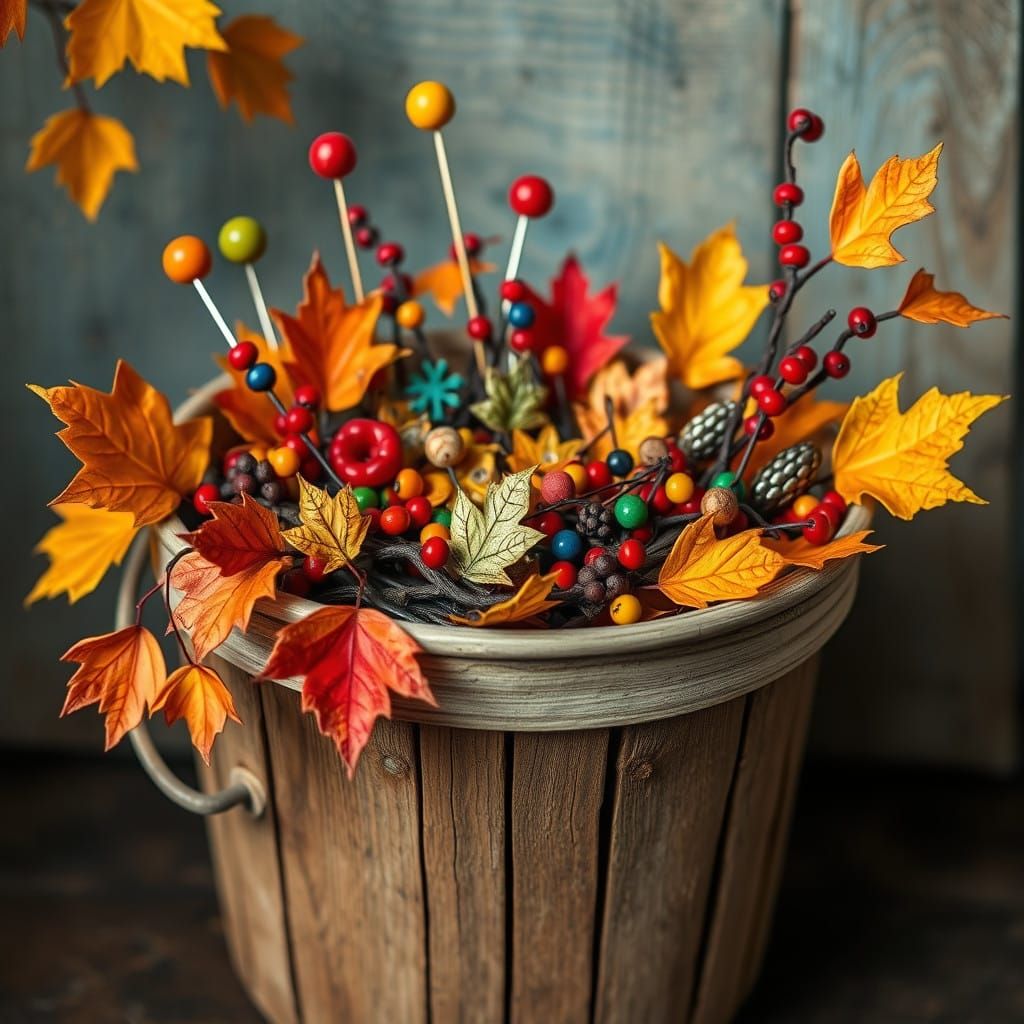 Whimsical Autumn Scene in Rustic Bucket with Colorful Pins